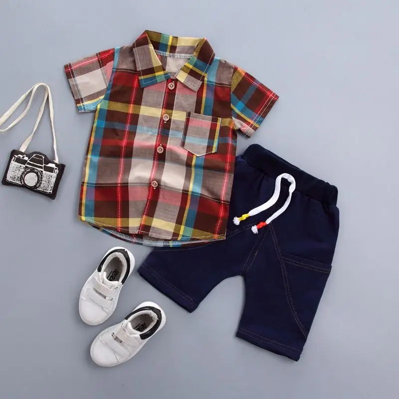 

New Summer Baby Boy Clothes Plaid Print Short Sleeve Shirt Blouse Shorts Casual Outfits