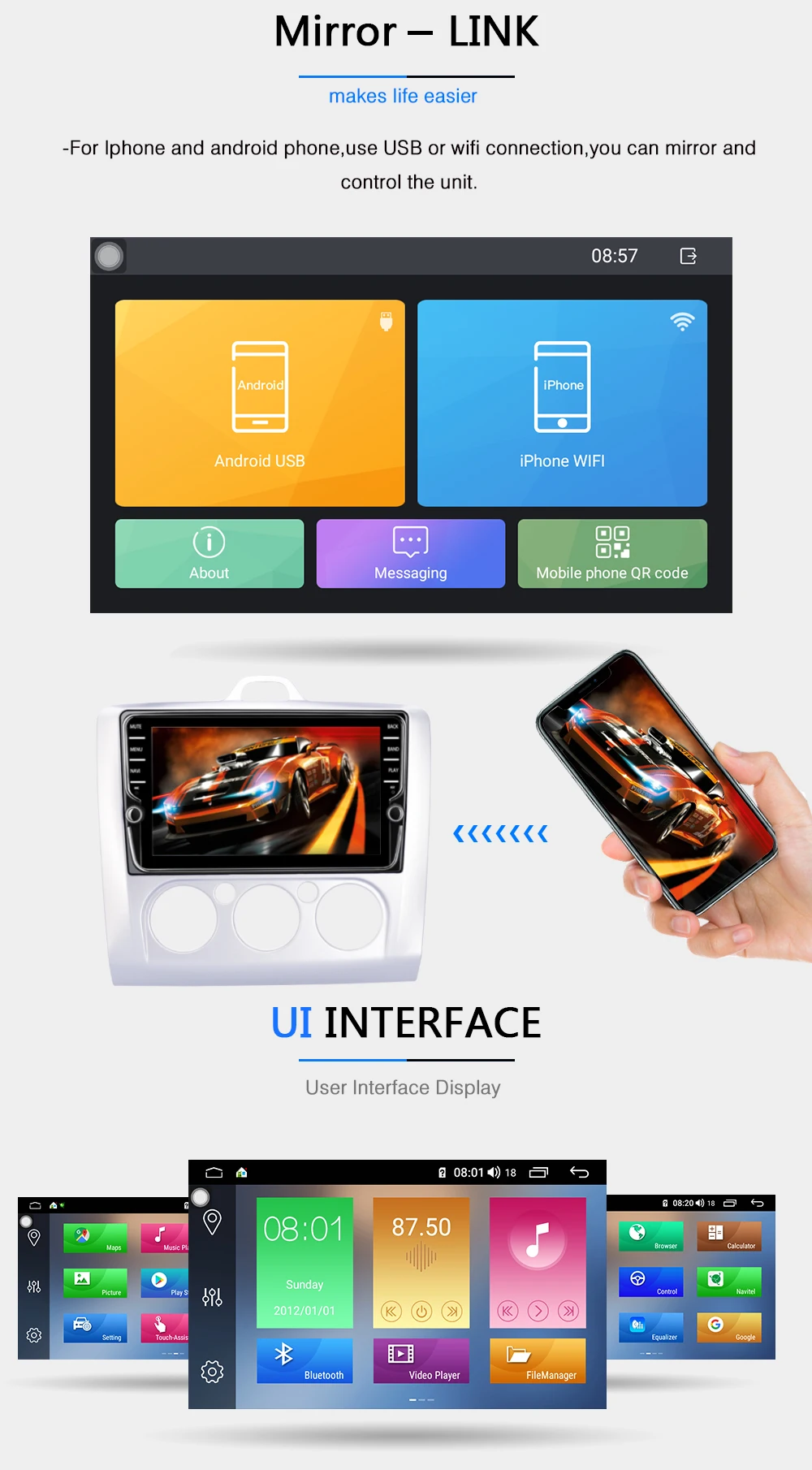 Excellent Funrover 8 cores Android 9.0 2 din Car Dvd multimedia gps navi For  Focus 2 radio navigation DSP stereo Split screen SIMslot 11