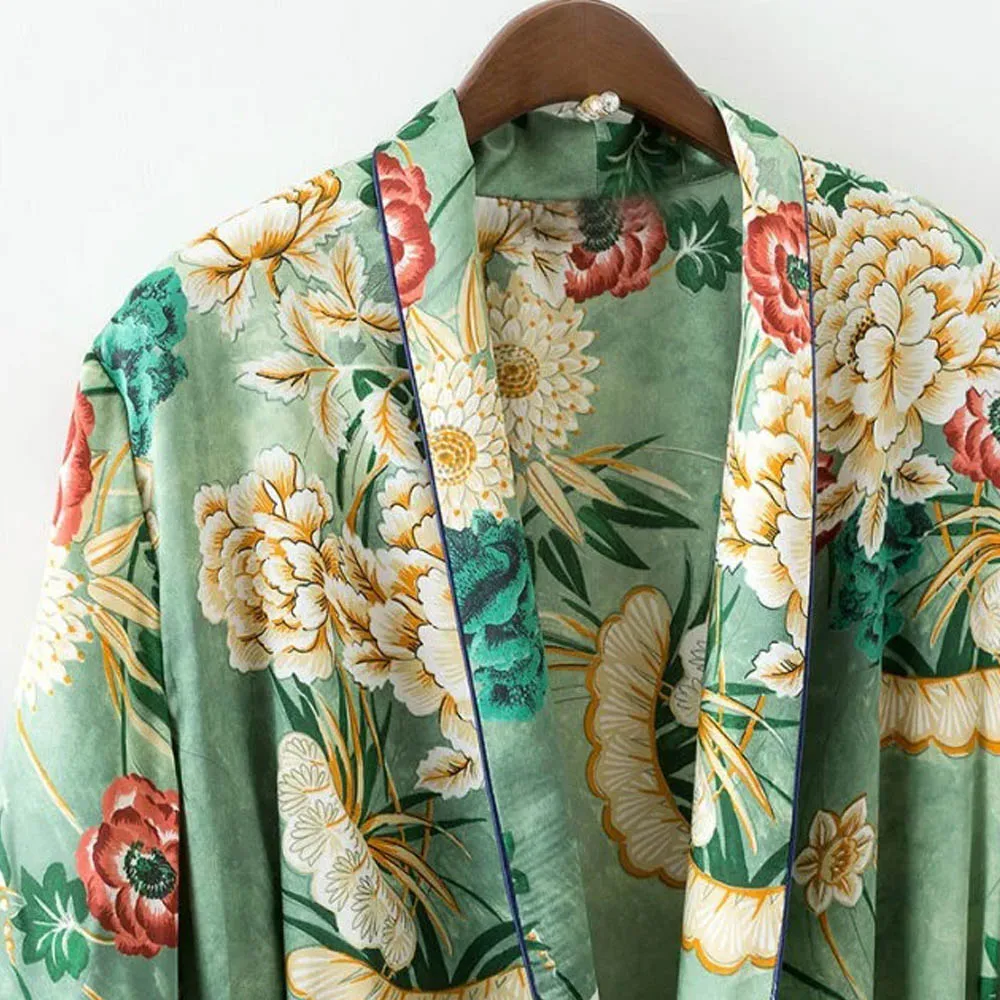 ANSFX Vintage Green Ethnic Floral Long Kimono Cardigan Jacket ...