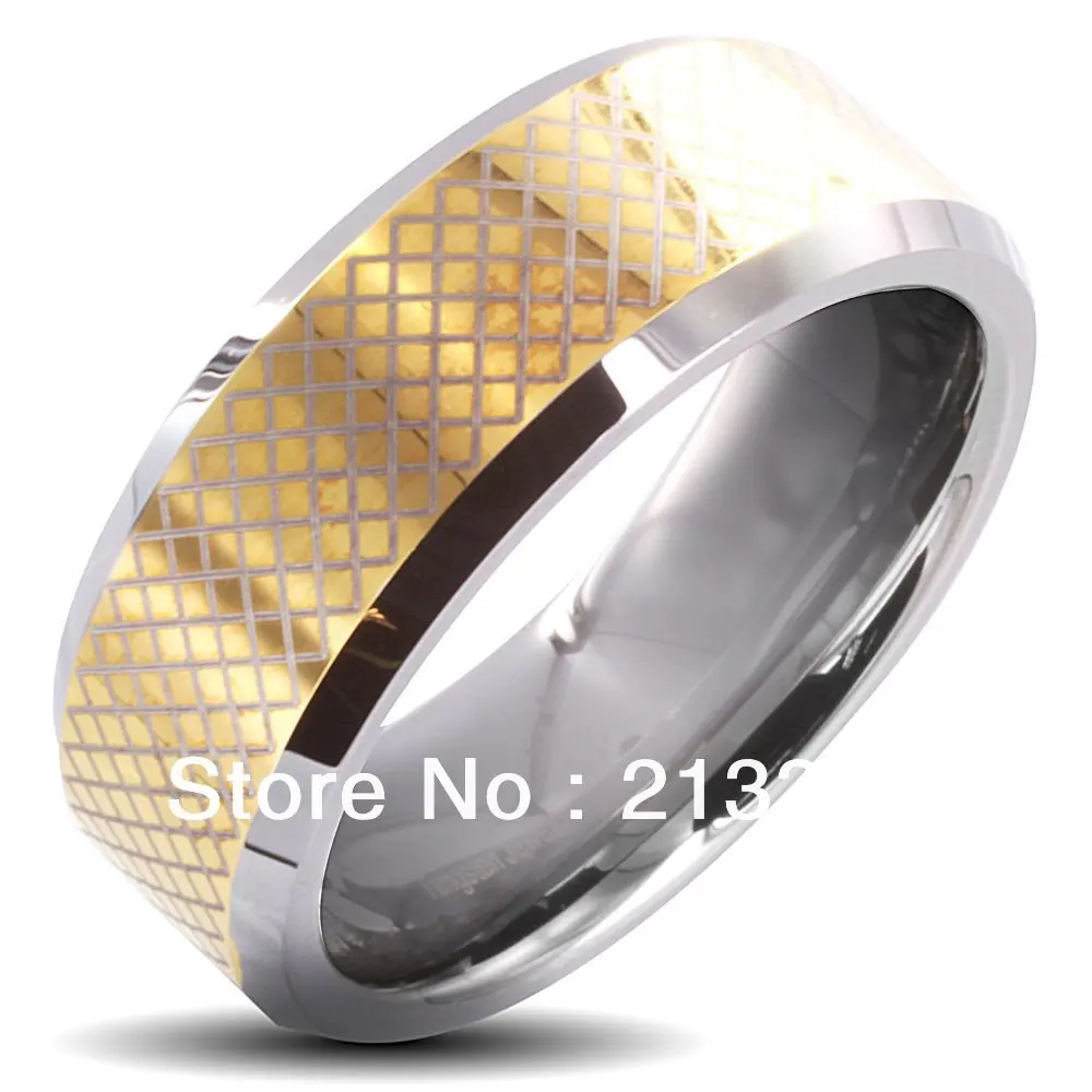 

Free Shipping Buy Cheap Discount Price USA HOT Selling 8MM Men&Womens New Golden Pattern Beveled Two Tone Tungsten Wedding Rings