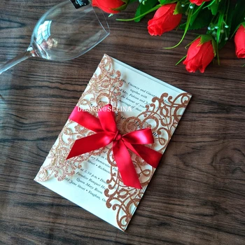 

2019 New Apple Gold Glitter Laser Cut Invitations Cards With Red Ribbon For Wedding Bridal Shower Engagement Birthday Graduation