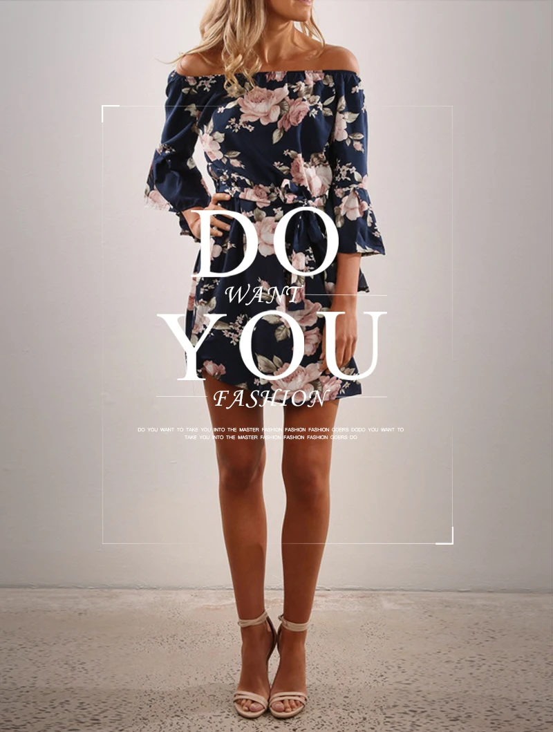 Sexy Off Shoulder Summer Beach Dress Floral Print Boho Women Casual Vestido Sashes Plus Size Mini Party Dresses 34 Sleeve 2018