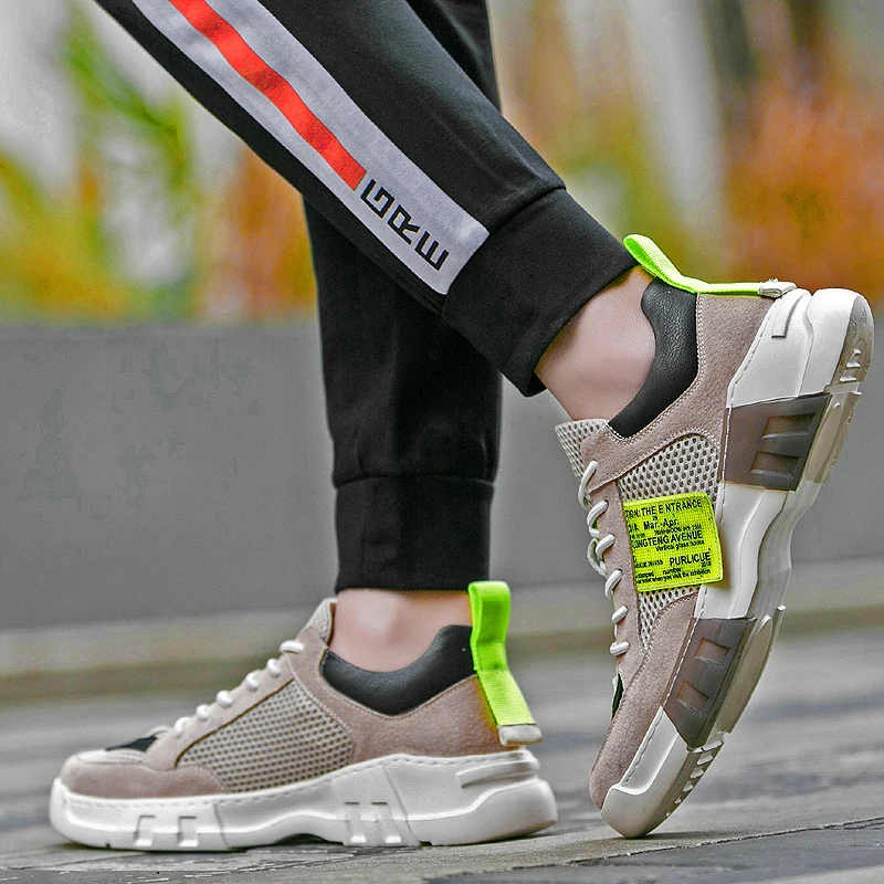New Men Rubber Soles Casual Shoes Khaki Gray Fashion Casual Sneakers Mesh Walking Shoes For Mens Hard-Wearing Flats Men Shoes