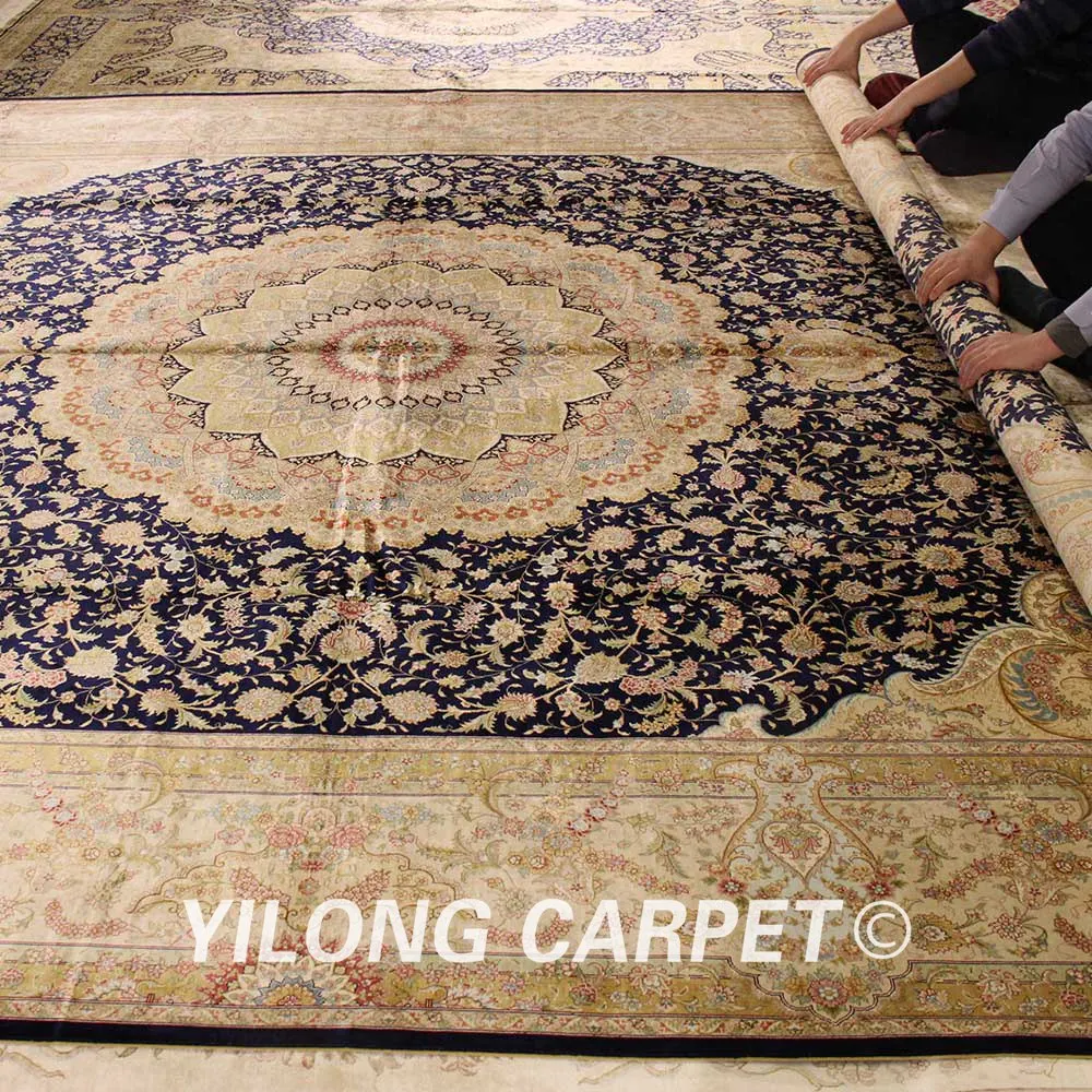 Yilong 10'x14' большой персидские шелковые Коврики Классический Восточный Синий ручной работы дома шелковый ковер (ZQG011A)