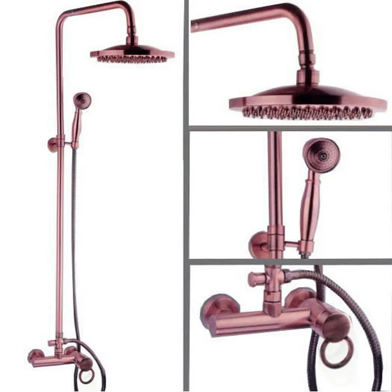 

Antique Red Copper Brass Single handle Wall Mounted Bathroom 8" Round Rain Shower Faucet Set With Handshower arg004