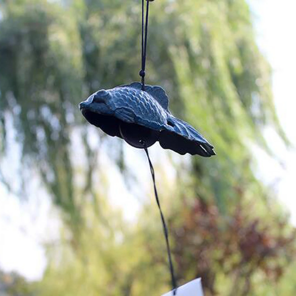 Japanese Goldfish Furin Windchime Cast Iron Temple Garden Home Decor Blue