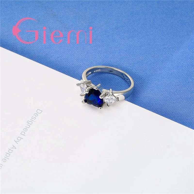 Top Quality Clear Blue Crystal Love Heart Shape 925 Sterling Silver  Women Finger Rings for Wedding Bridal Wholesale