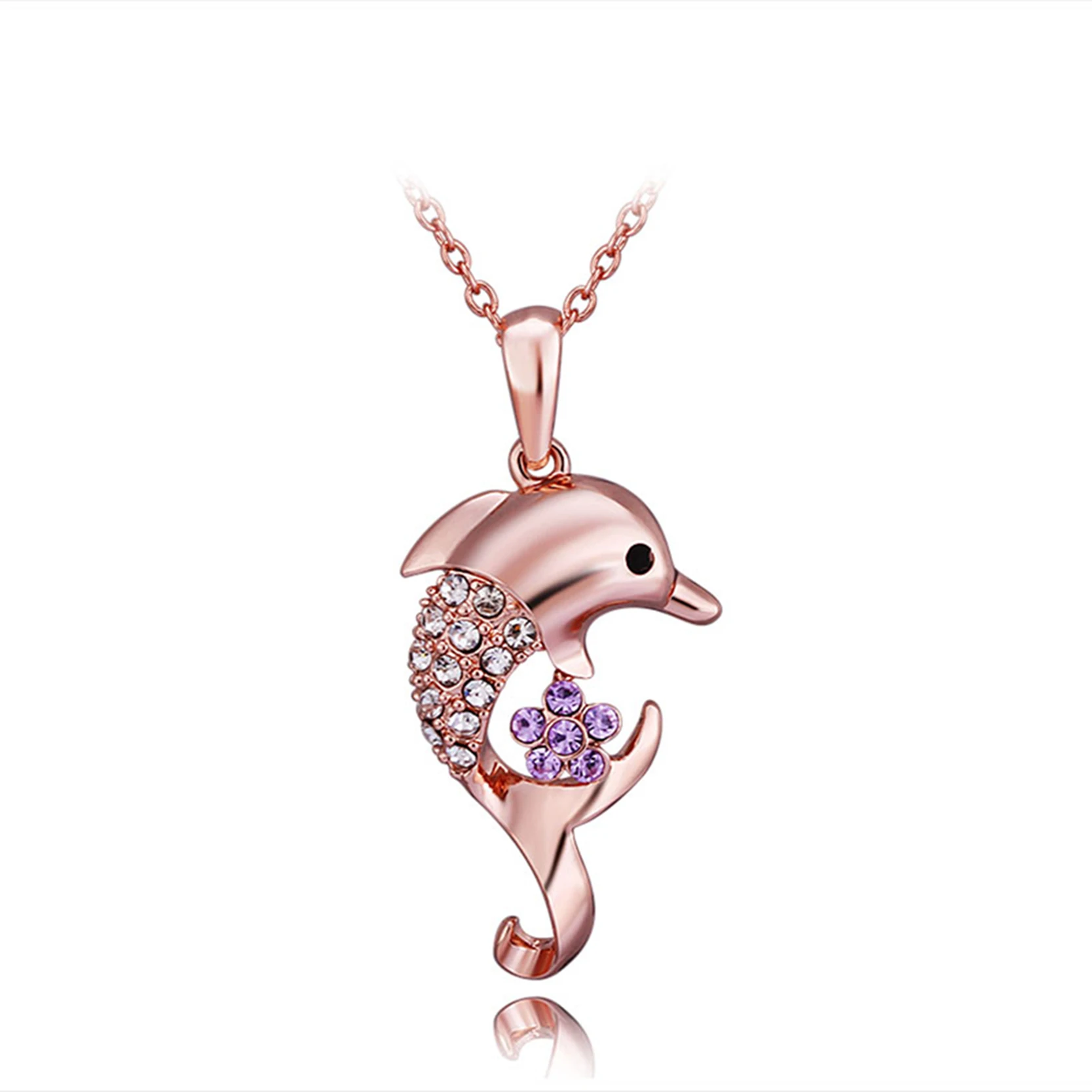 DROLE Rose Gold Color Crystal Dolphin Shaped Pendant Statement Chain