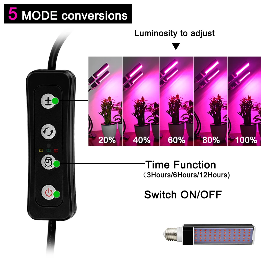 60 Вт Светодиодный светильник для выращивания растений в помещении, полный спектр, лампа для выращивания двух головок, гусиная подсветка для растений, профессиональная для выращивания рассады