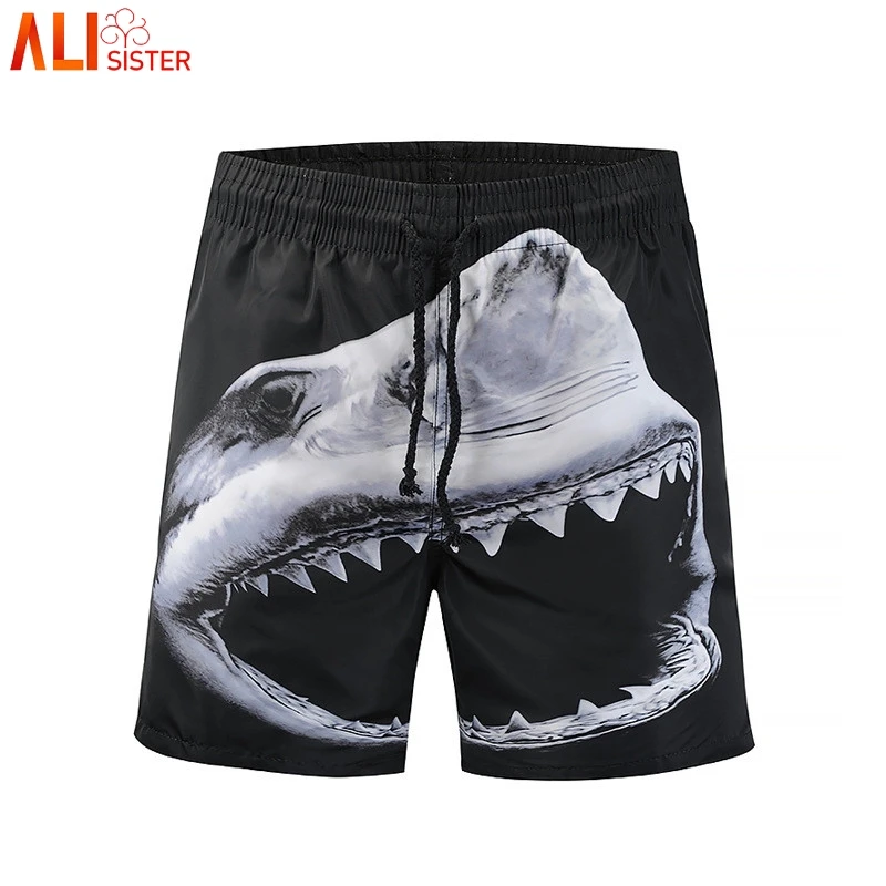 Alisister Shark Print Men's Shorts Summer 3d Animal Beach Shorts Black