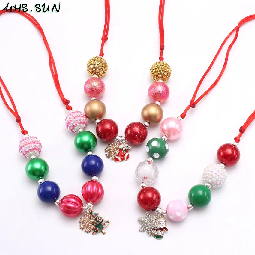 

MHS.SUN Fashion Girls Kids Handmade Christmas Jewelry Chunky Baby Beads Necklace With Snowflake Pendant Adjustable Rope Chain
