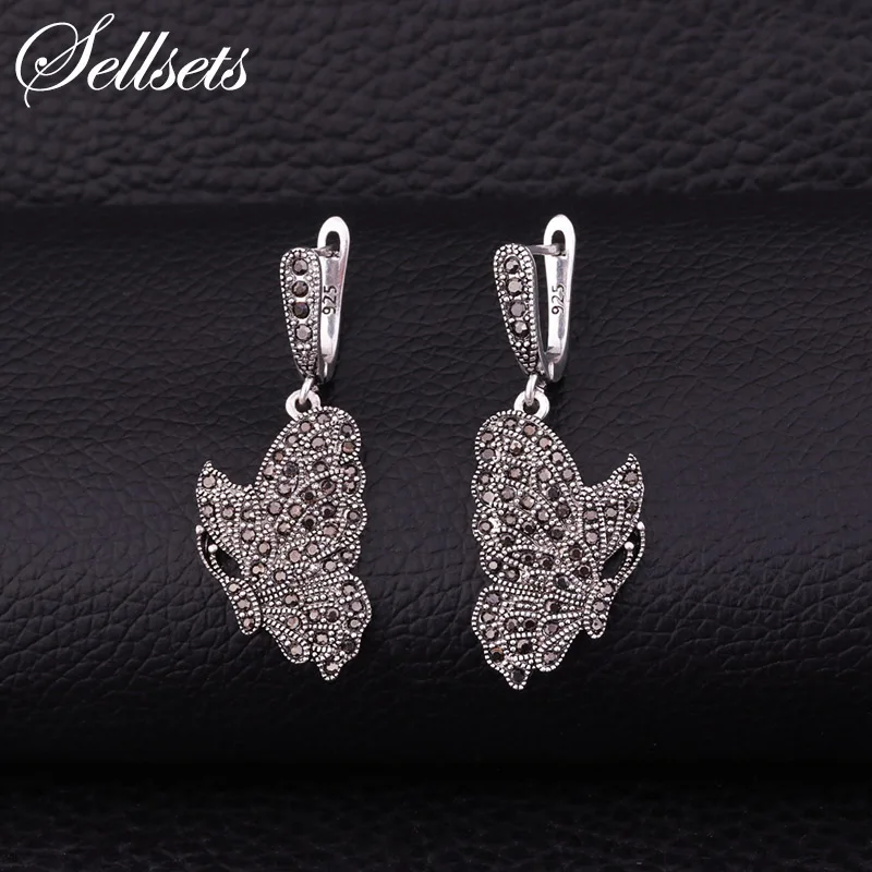 Женские серьги бабочки Sellsets Винтажные висячие серебряного цвета с черными