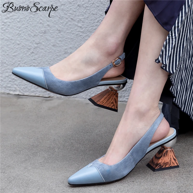 

Buono Scarpe Women Strange High Heel Sandals Metal Buckle Shallow Office Lady Women Sandals Elegant Genuine Leather Ladies Shoes