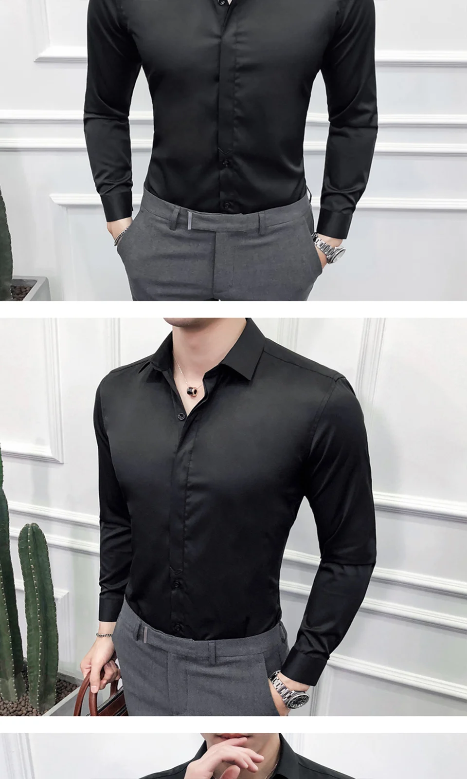 FuyBill Новая модная мужская Однотонная рубашка для мужчин однотонные однобортные деловые повседневные рубашки тонкий стрейч с длинным рукавом