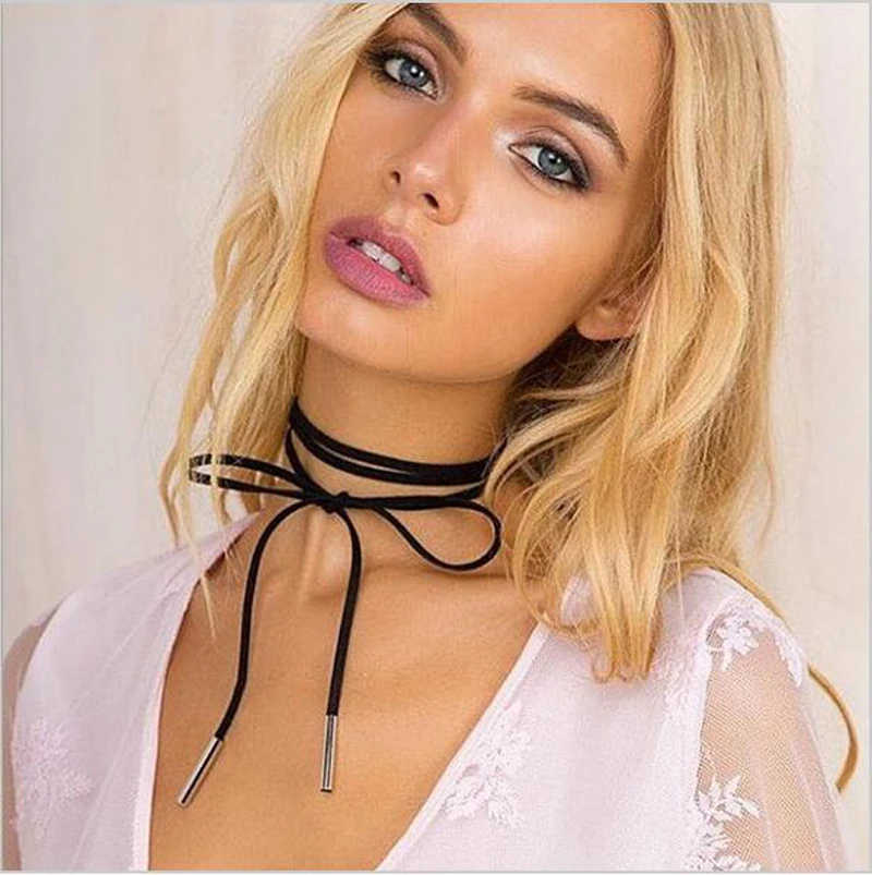 Женское колье чокер с подвеской из черной кожи белые стразы кристаллами|women choker