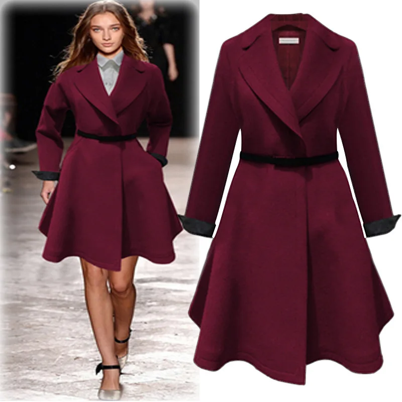 

New Autumn Winter Women Coats Plus Size Fashion Turn-Down Collar Solid Slim Belt Woolen Blends Coat For Women Large Outerwear 4L