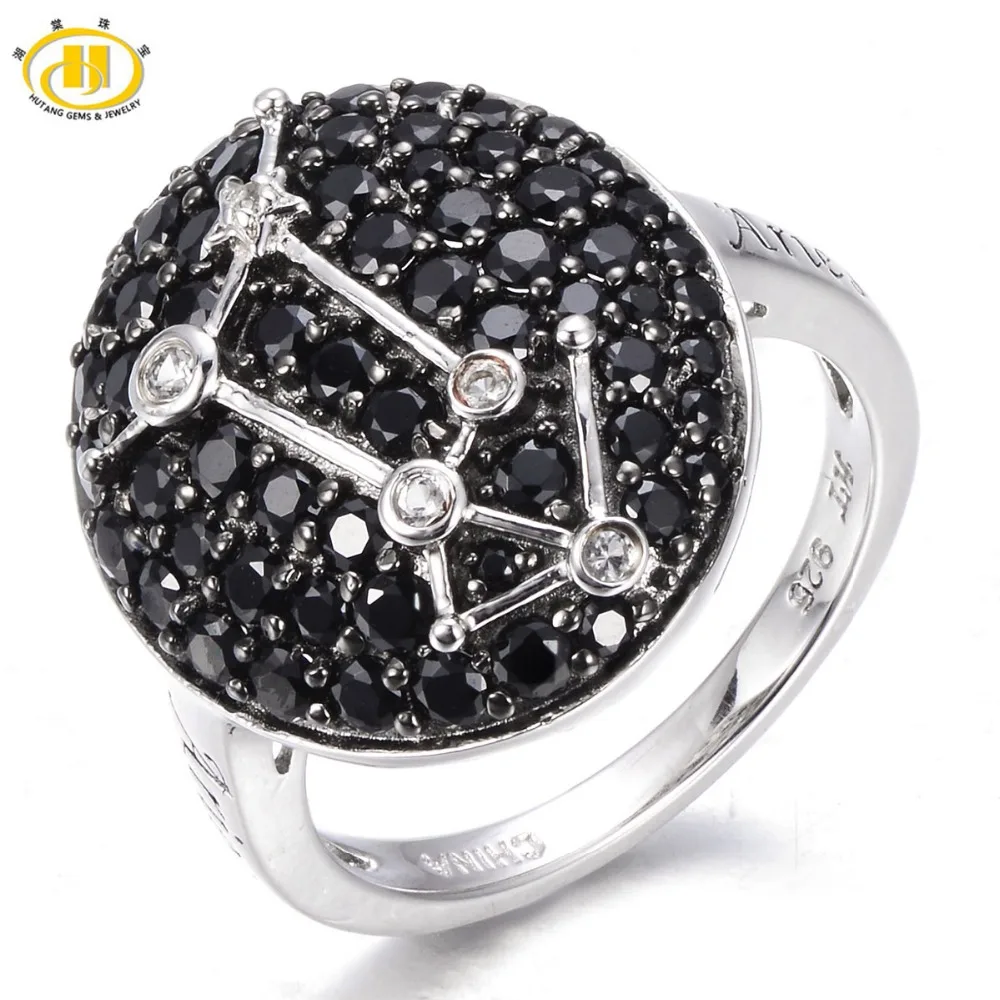 

Hutang Bague Femme Vintage Aries Zodiac Black Spinel Topaz Rings for Women Punk 925 Sterling Silver Jewelry Constellation Gift
