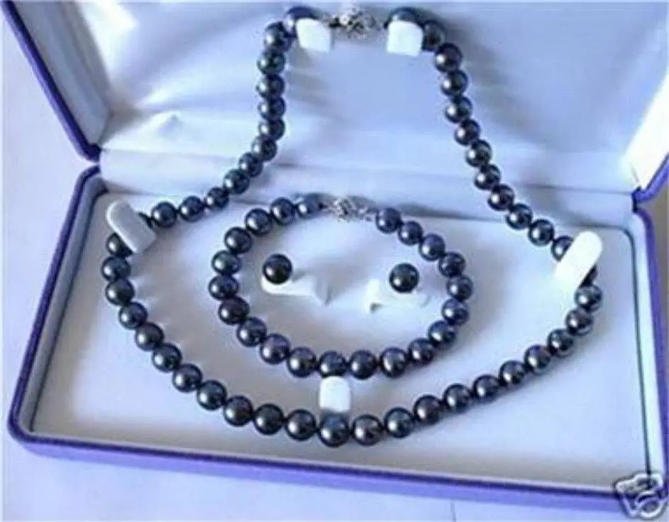 

shipping AAA 7-8mm Black Akoya Cultured Pearl Necklace Bracelet Earring Set ZRW4532