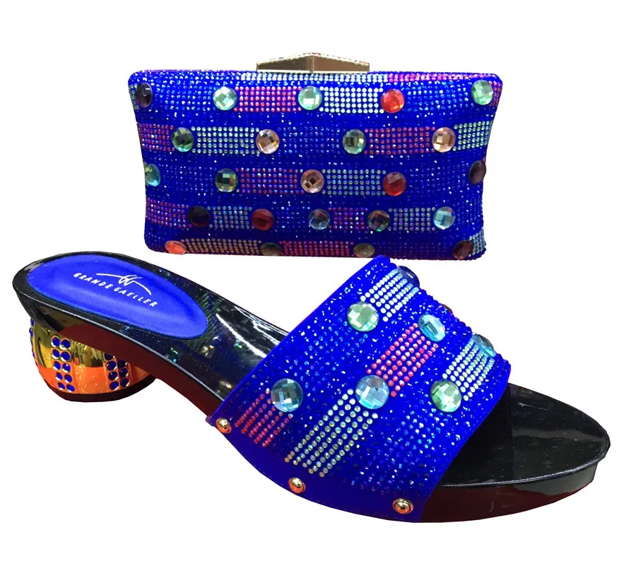 

Italian Shoes With Matching Bags Rhinestones Blue High Quality African Shoes And Bags Set for Wedding For TH102