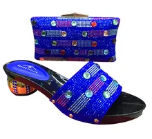 Italian Shoes With Matching Bags Rhinestones Blue High Quality African Shoes And Bags Set for Wedding