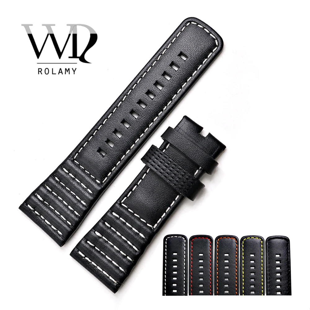 

Rolamy 28mm Wholesale Real Leather With Black White Orange Red Yellow Stitches Wrist Watch Band Strap Belt