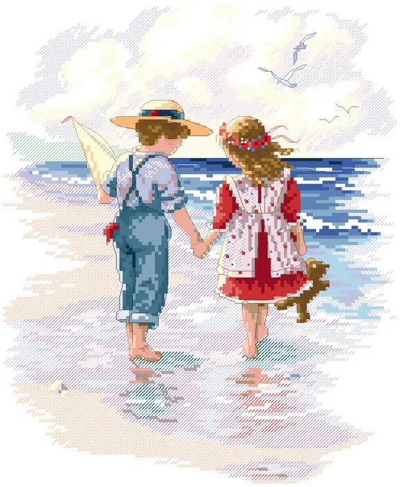 

High Quality Counted Cross Stitch Kit Holding Hands Hand Seaside Good Friends boy and girl love dim 13721