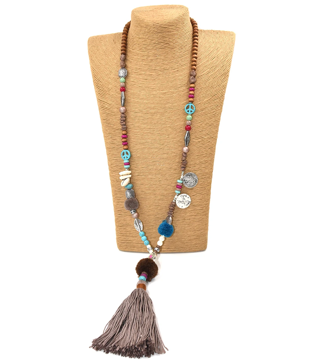 2017 new Ethnic Pompoms pendants necklace Pink Cotton Tassel long Necklace Boho multicolor beads Necklace