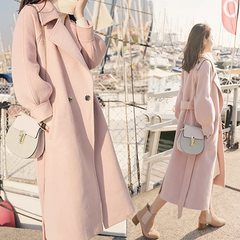 

Winter Woman Coats 2019 New Woolen Coat Lantern Sleeves Cashmere Long Solid Color Slim Woolen Coat