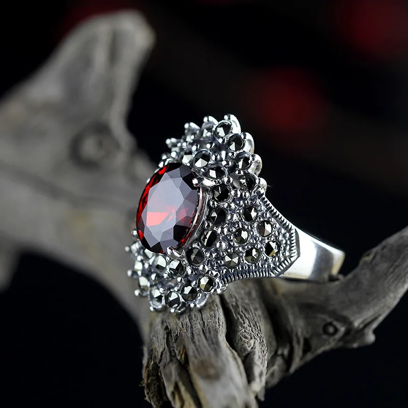 

Black silver jewelry wholesale 925 Sterling Silver Vintage Silver red corundum elliptic full Ladies Ring