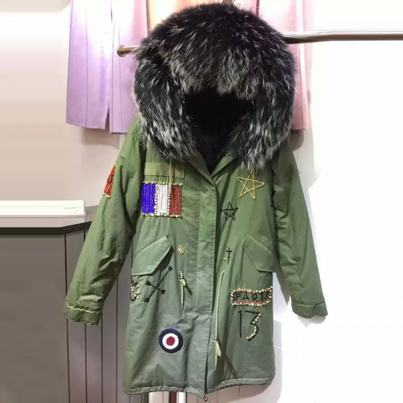 Fashion Flag of France Beading long style faux fur inside winter coat raccoon fur hooded free shipping Fashion Flag of France Beading long style faux fur inside winter coat raccoon fur hooded free shipping