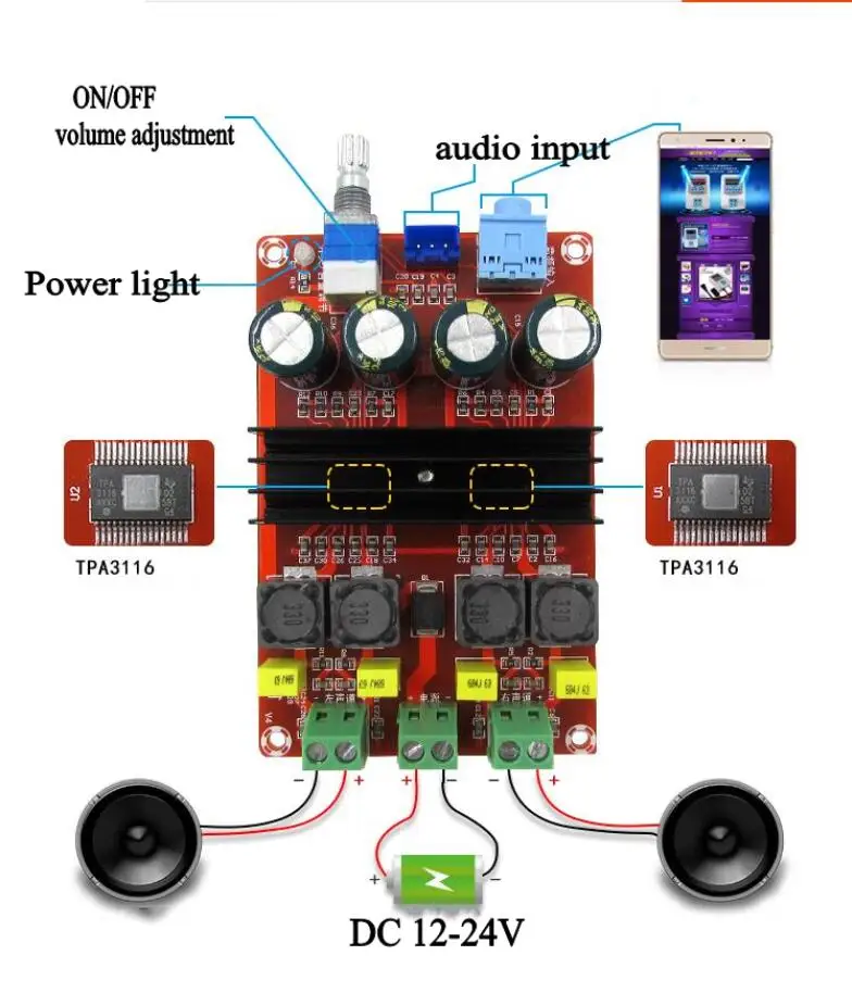 TPA3116D2 двухканальный 2*100 Вт цифровой аудио усилитель доска 12 V-24 V с проводом