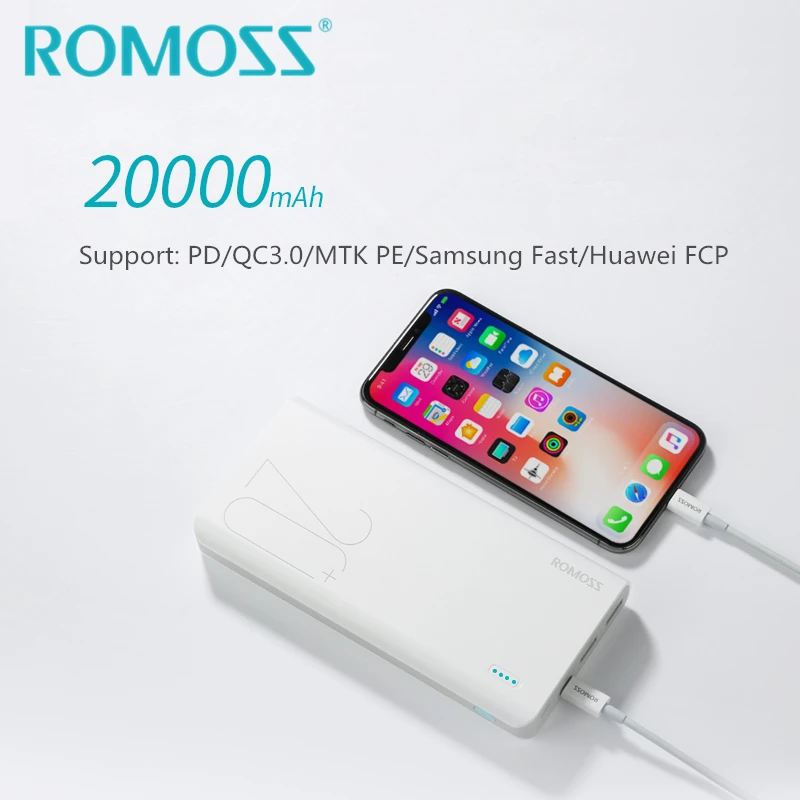 ROMOSS Sense6+ power Bank 20000 мАч 18 Вт QC3.0 Внешняя батарея резервного питания Поддержка Lightning type-c Быстрая зарядка для iPhone 8/X