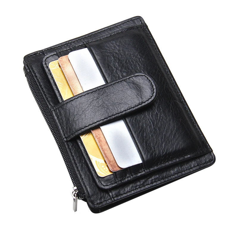 

New Genuine Leather Casual Credit Card Holder Ultra Thin Black Cow Leather Zipper Design Photo Holder With Coin Pocket