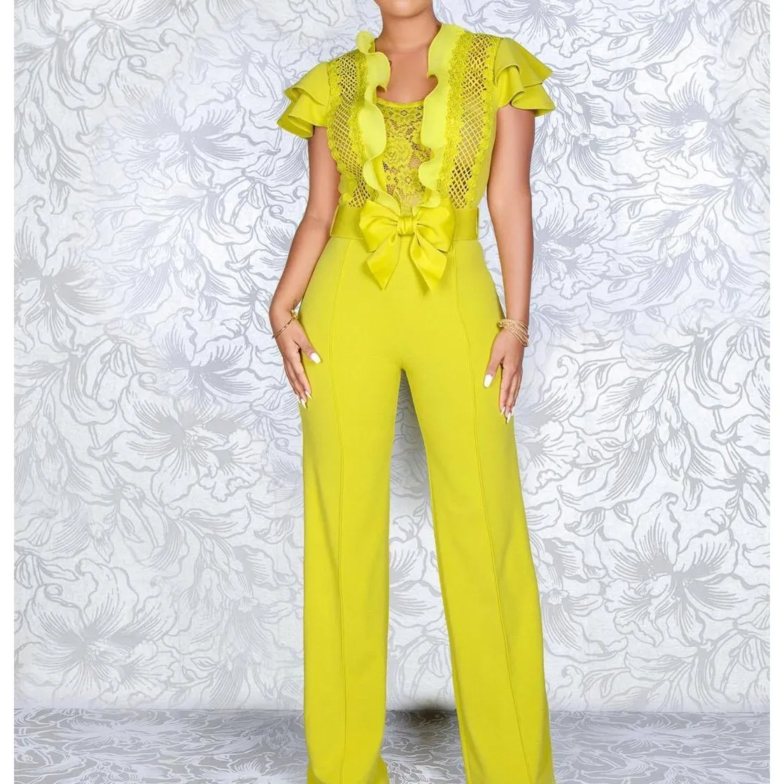 

Summer Bow Ruffles Lace Wide Leg Jumpsuit Women Elegant Vintage Hollow Out Long Romper Loose Female Jumpsuit Sexy Playsuit