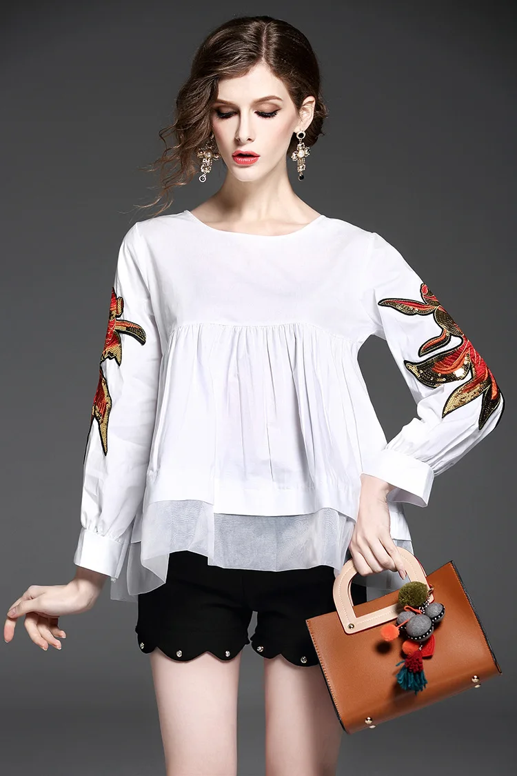 Fashion Goldfish Animal Embroidery Beading Decoration O-Neck Loose Style Cute Blouse Shirt Women (5)