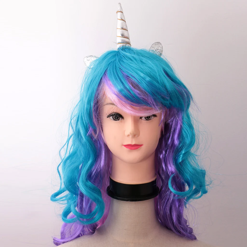 Women Unicorn Horn Long Curly Wavy Hair Wigs For Hallowmas Party Costume