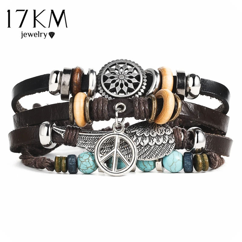 17KM-pulsera de cuero con diseño de ojo turco para hombre y mujer, brazalete con diseño de búho, estilo Punk, piedra, Vintage