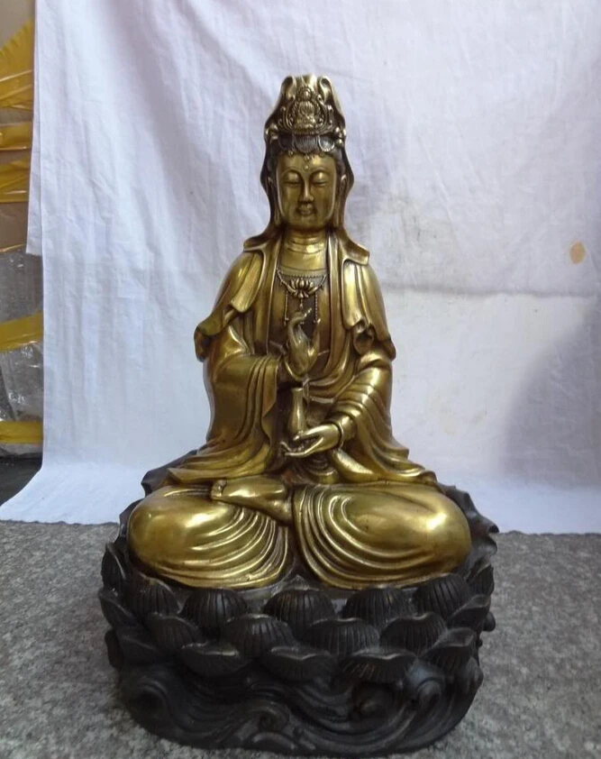 

S4164 18" Chinese Bronze Gilt Buddhism Lotus Kwan-Yin GuanYin Pot Bodhisattva Statue D0318