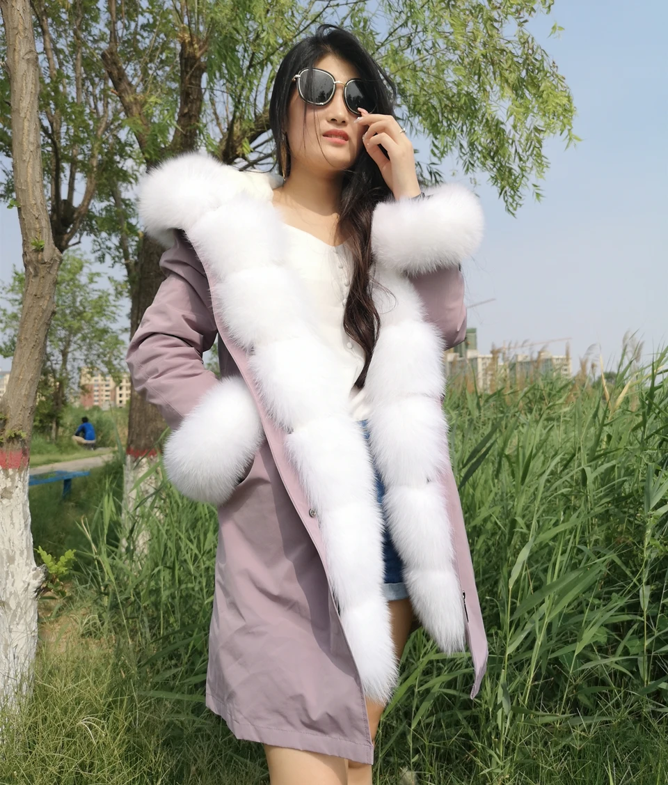 Парка с натуральным мехом зимняя куртка женская натуральный Лисий меховой воротник Настоящий мех кролика теплая парка капюшон с натуральным мехом натуральный мех пальто - Цвет: Розовый