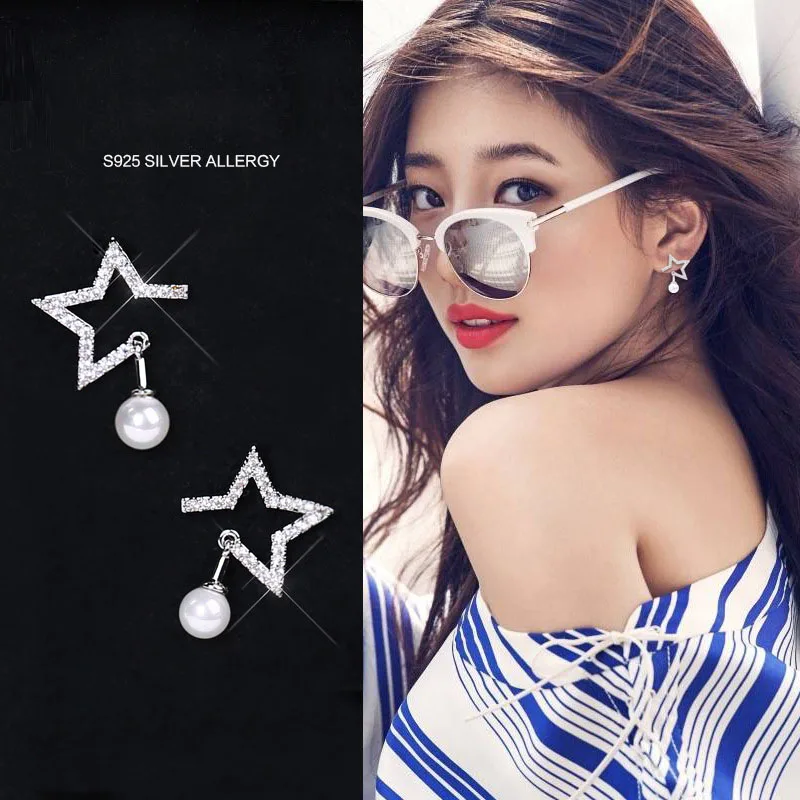 

Luxury Trendy Zircon Crystal Open Star Simulated Pearl 925 Sterling Silver Stud Earrings For Women Girls Wedding Bridal Jewelry