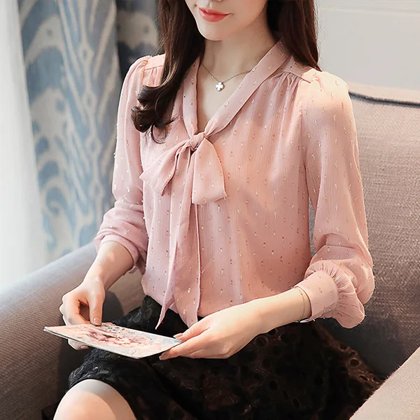 2018 new spring women Korean bow tie neck long sleeve shiny polka dots