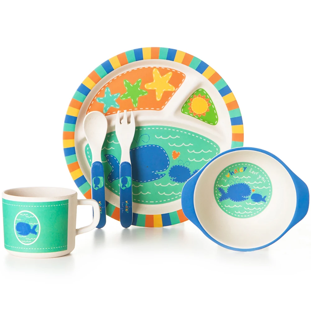 5 шт./компл. бамбуковая посуда набор нетоксичный BPA разделенный пластины чаша ложка Вилка детская посуда тарелка посуда для малышей и детей постарше