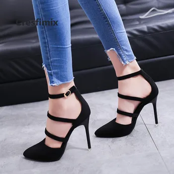Zapatos de tacón alto negros de estilo europeo para Mujer, calzado informal con punta en pico, para fiesta, E3117