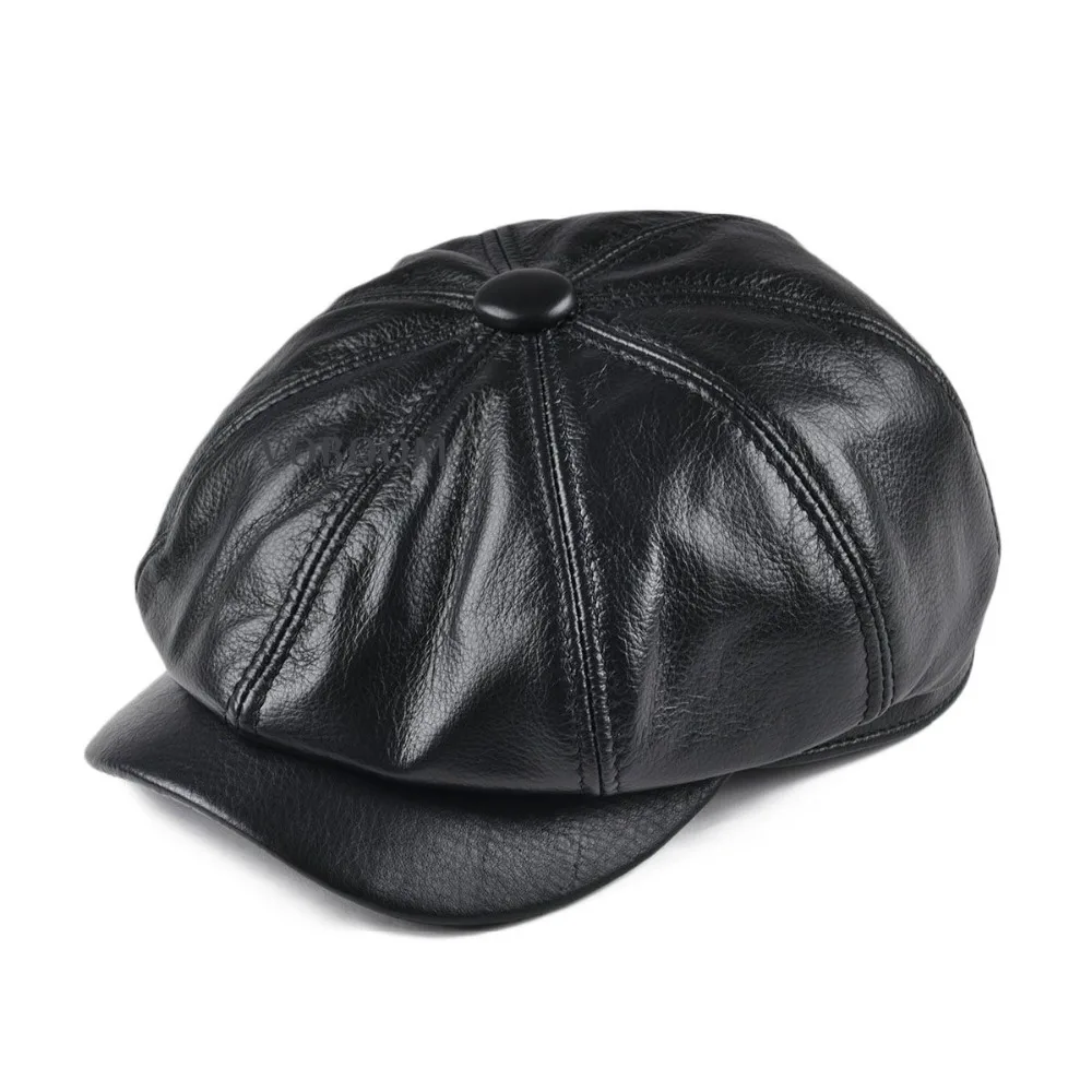 VOBOOM Genuine Black Leather Newsboy Cap Men Women Eight Panel Caps ...