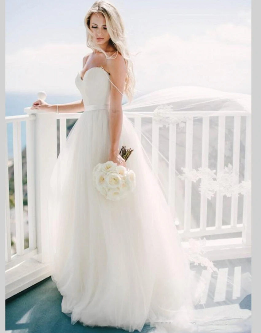 Spaghetti Strap Beach Wedding Dresses 2021 Vestido Noiva Praia Simple White Tulle Casamento Sashes Bridal Gown Custom made vintage wedding dresses