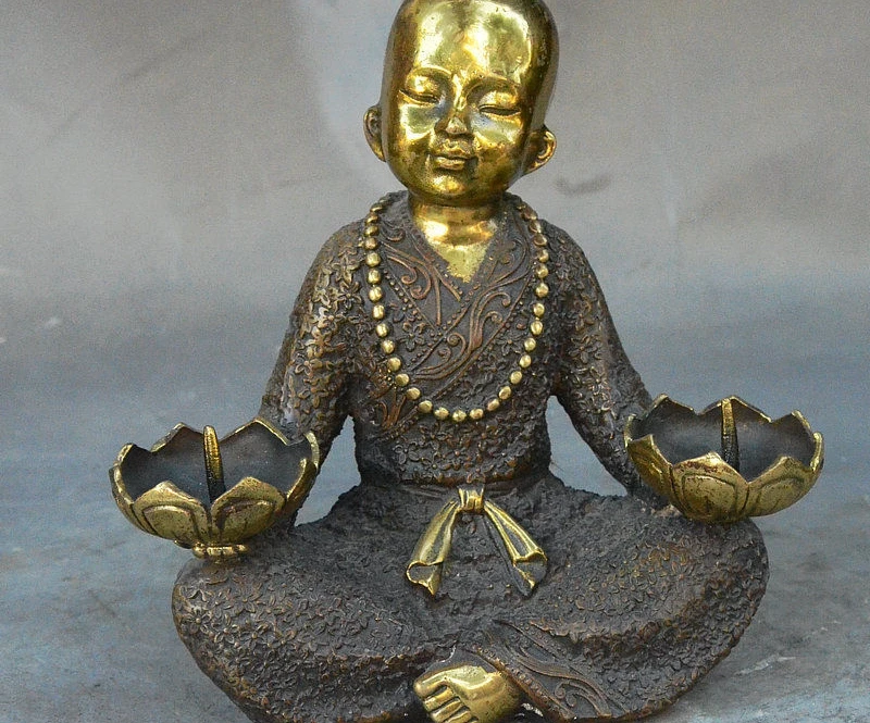 

7 China Buddhism Bronze Gilt Boy Monk Hold Lotus Statue CandleHolder Candlestick