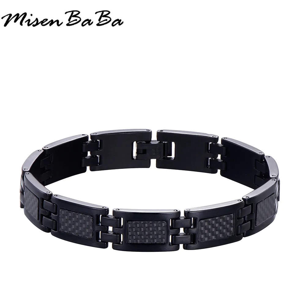 Модный мужской подарок, чистый черный, нержавеющая сталь, углеродное волокно, модный панк стиль, прямоугольная цепочка, браслет для мужчин