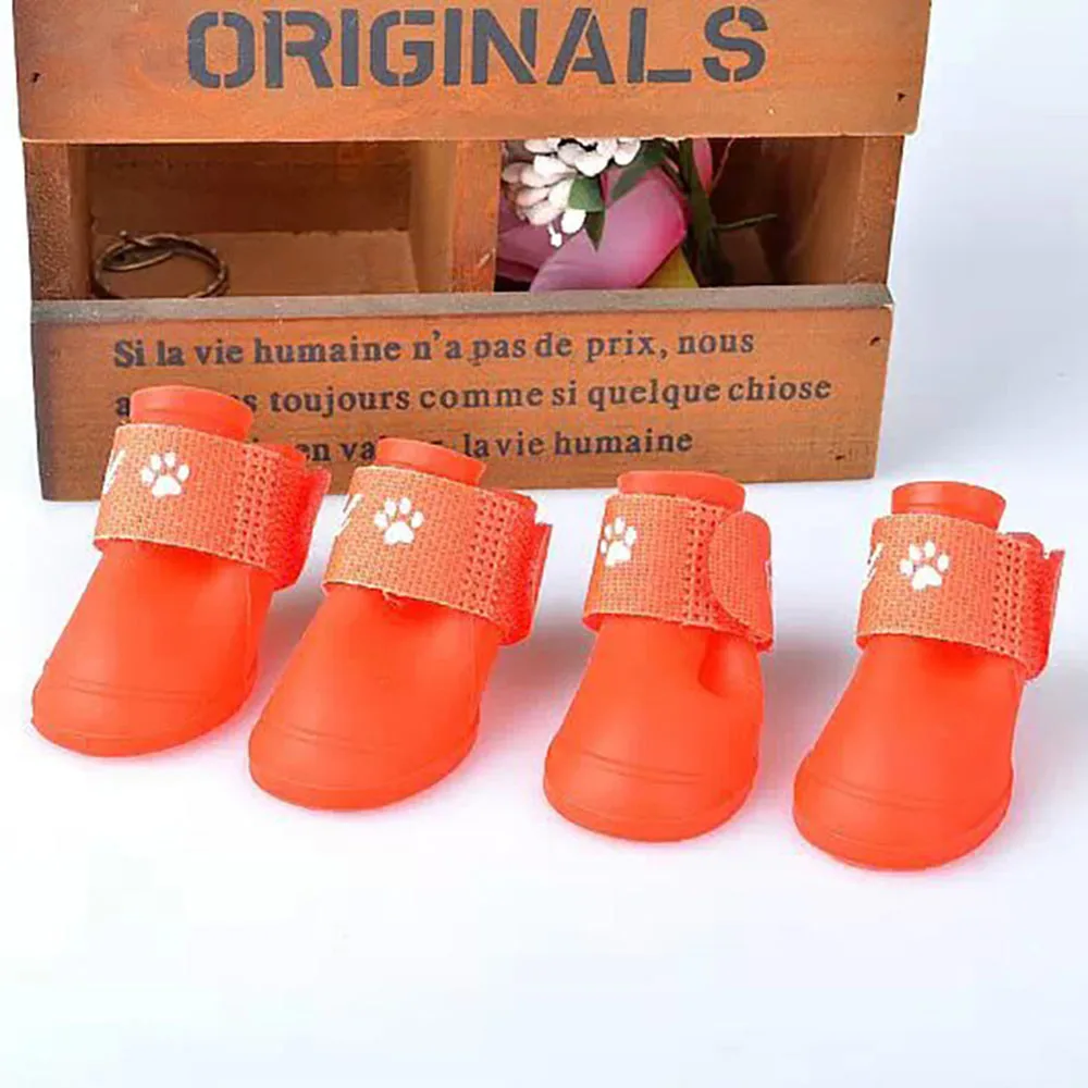 4pcs/Set Pet Dog Red Protective Rubber Silicone Boots Puppy Waterproof