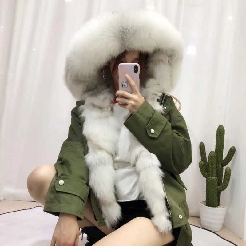 2018 new women real fur Military Parka army green Large fox fur collar hooded detachable fox fur lining winter jackets and coats