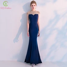 

SSYFashion 2019 New Luxury Mermaid Evening Dress Banquet Elegant Navy Blue Handmade Beading Sexy Formal Prom Gown Robe De Soiree